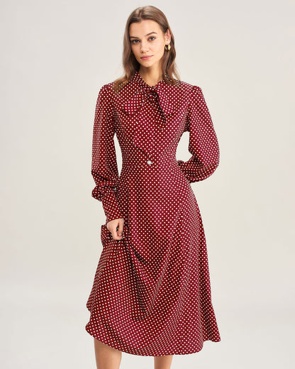 Bordo Bishop Sleeve Puantiyeli Midi Elbise
