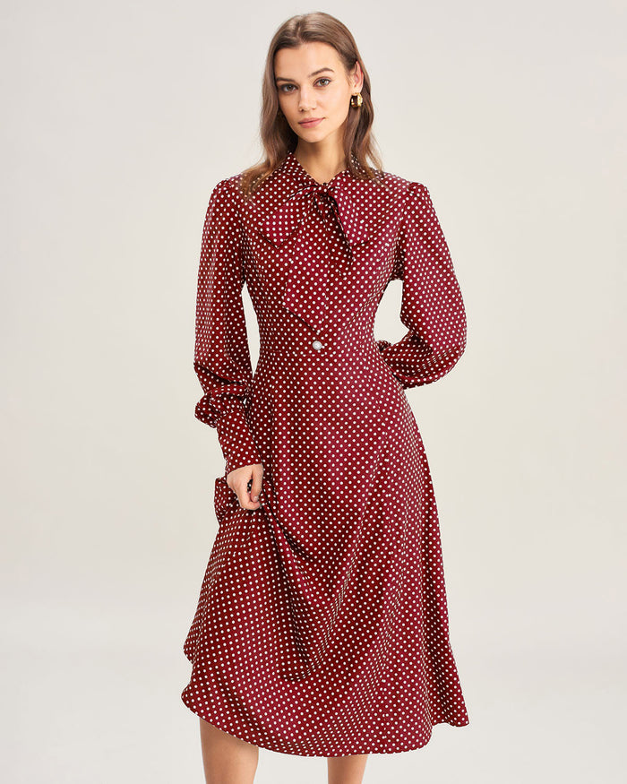 Bordo Bishop Sleeve Puantiyeli Midi Elbise
