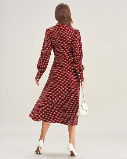 Bordo Bishop Sleeve Puantiyeli Midi Elbise