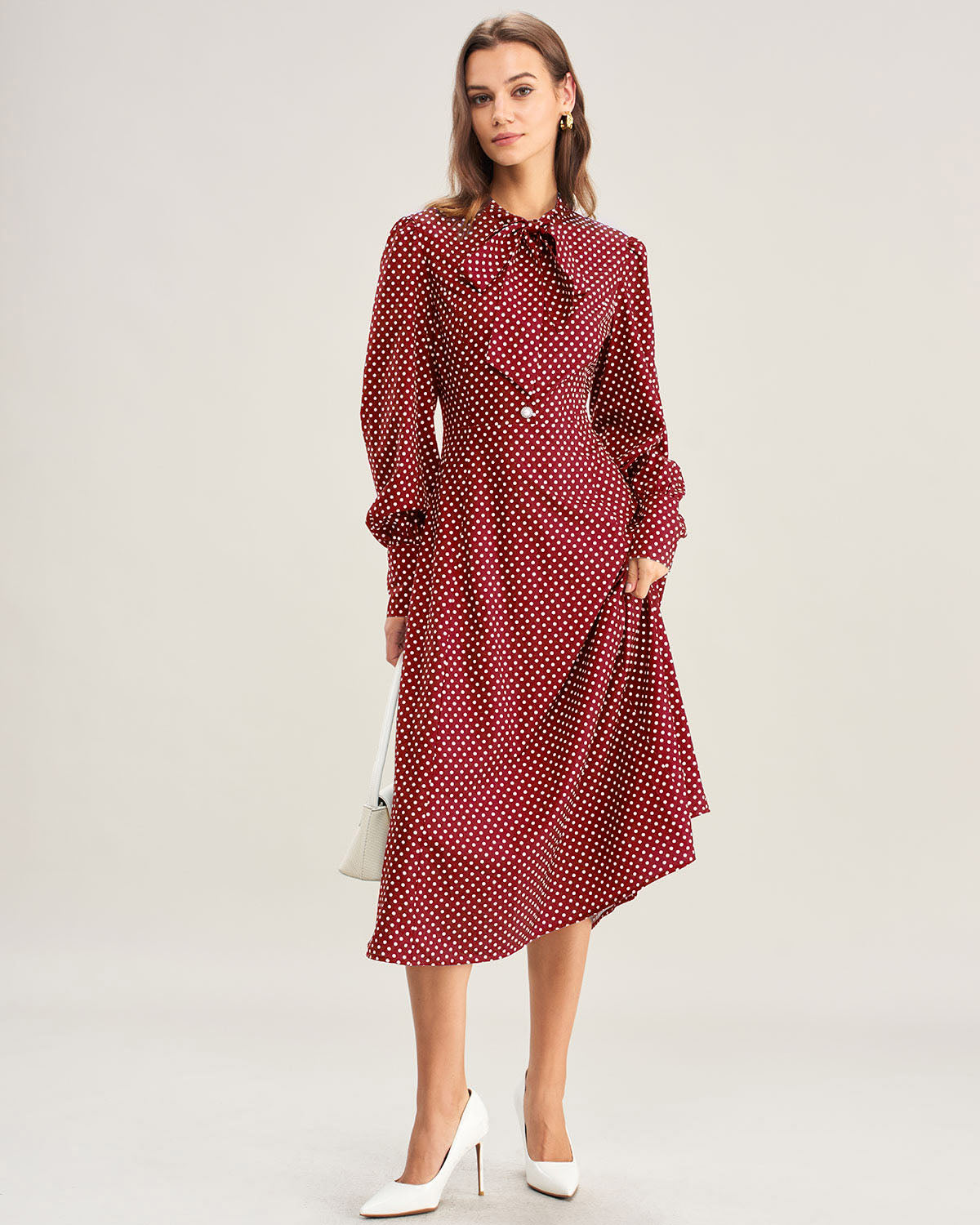 Bordo Bishop Sleeve Puantiyeli Midi Elbise