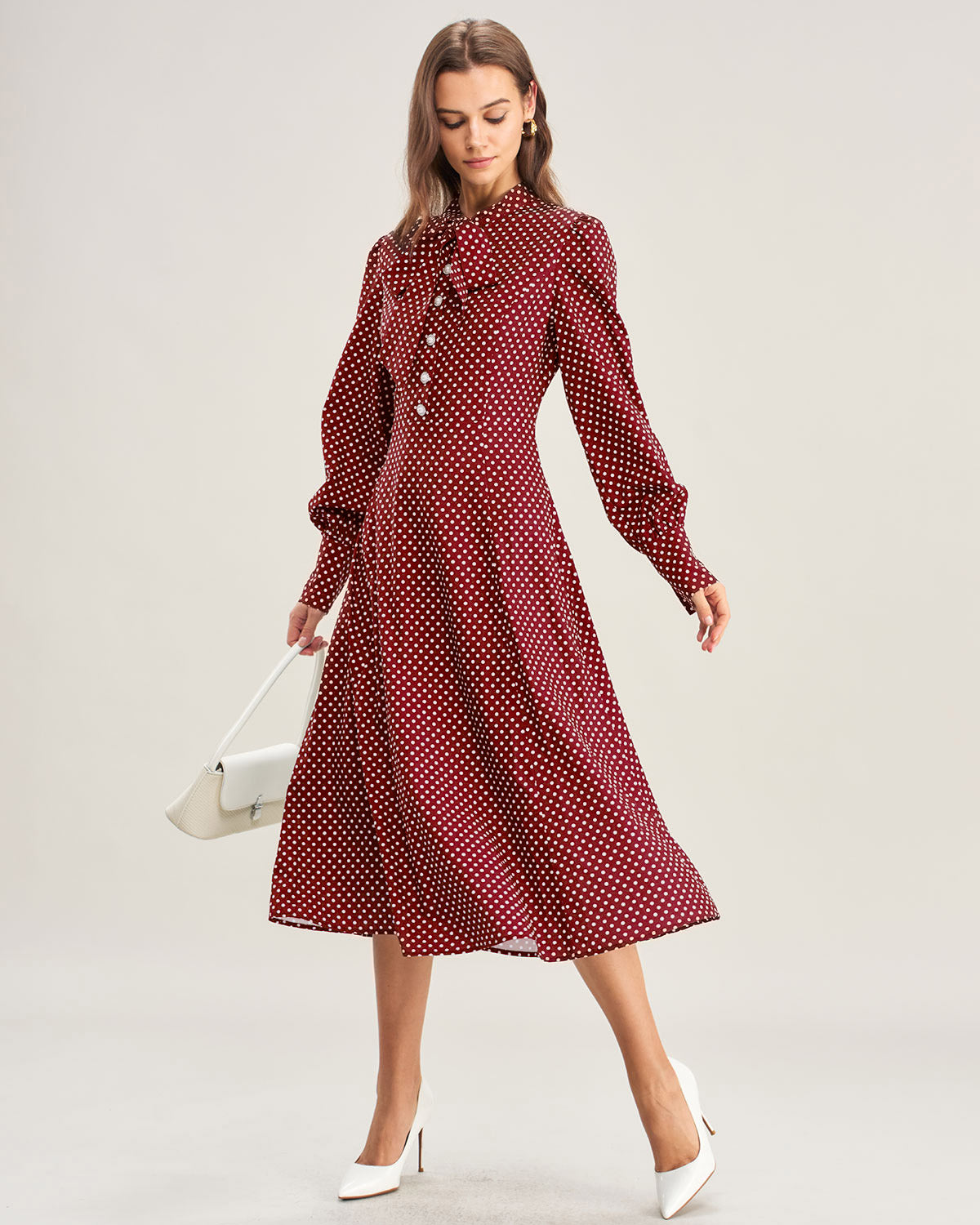 Bordo Bishop Sleeve Puantiyeli Midi Elbise