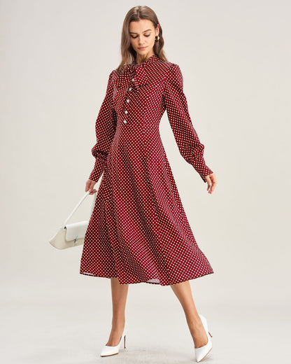 Bordo Bishop Sleeve Puantiyeli Midi Elbise