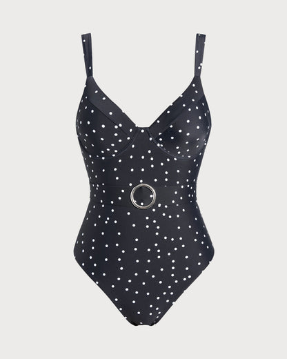 Siyah Polka Dots Tek Parça Mayo Swimwear