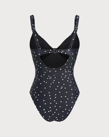 Siyah Polka Dots Tek Parça Mayo Swimwear