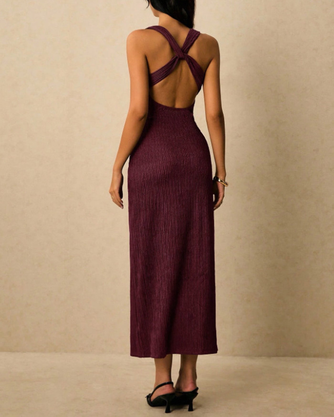 Bordo V Yaka Çapraz Maxi Elbise