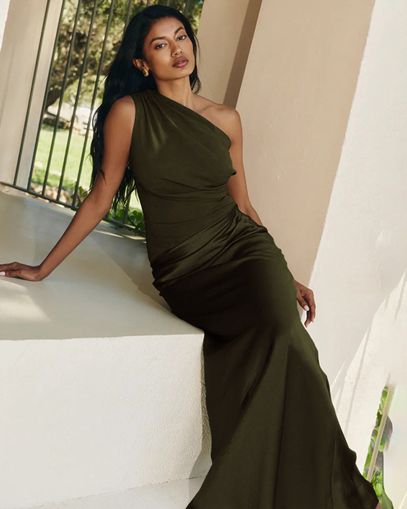 Yeşil One Shoulder Tunik Maxi Elbise