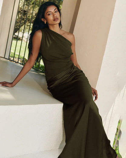 Yeşil One Shoulder Tunik Maxi Elbise