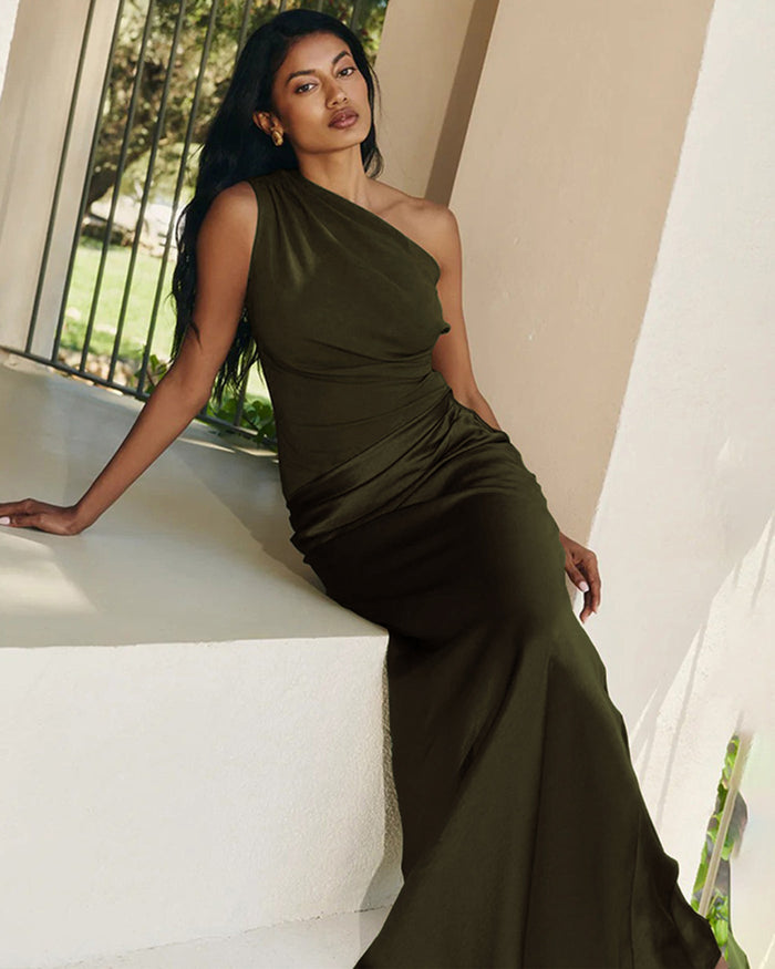 Yeşil One Shoulder Tunik Maxi Elbise