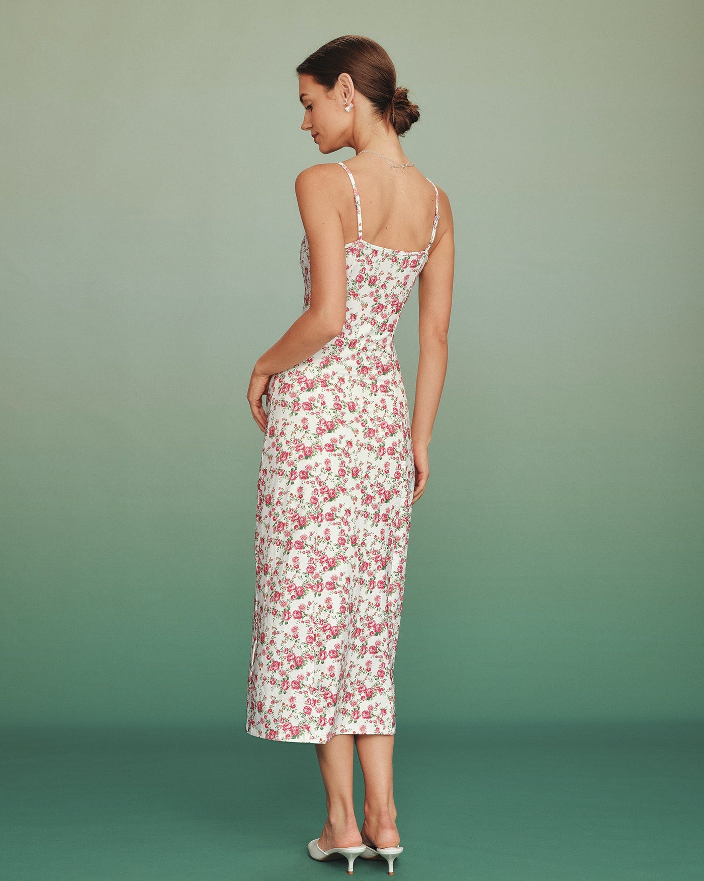 Pembe Çiçek Desenli Dantelli Slip Maxi Elbise