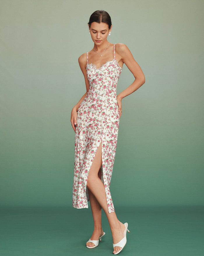 Pembe Çiçek Desenli Dantelli Slip Maxi Elbise
