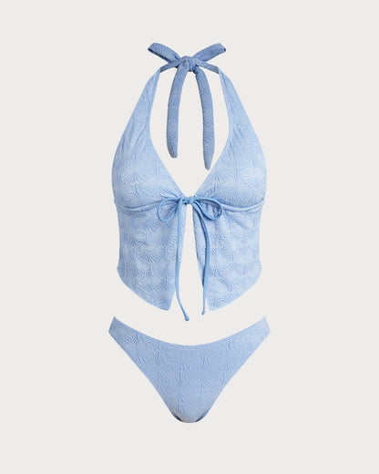 Açık Mavi Knitted Tankini Set