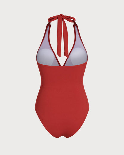 Kırmızı Boyundan Bağlamalı Üçgen Tek Parça Mayo Swimwear