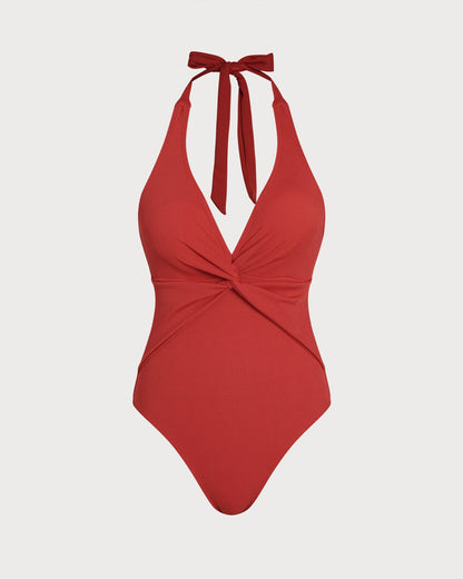 Kırmızı Boyundan Bağlamalı Üçgen Tek Parça Mayo Swimwear