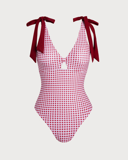 Bordo Ekoseli Tek Parça Mayo Swimwear