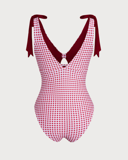 Bordo Ekoseli Tek Parça Mayo Swimwear