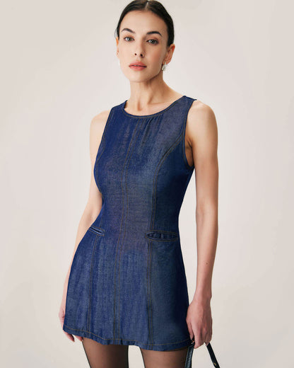 Mavi Kolsuz Cep Detaylı Mini Elbise