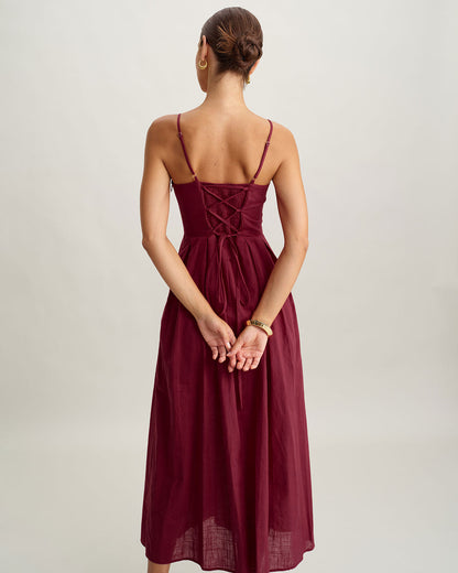 Kırmızı Kalp Yaka Kolsuz Slip Maxi Elbise