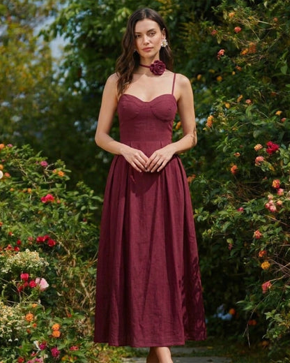 Kırmızı Kalp Yaka Kolsuz Slip Maxi Elbise