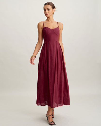 Kırmızı Kalp Yaka Kolsuz Slip Maxi Elbise