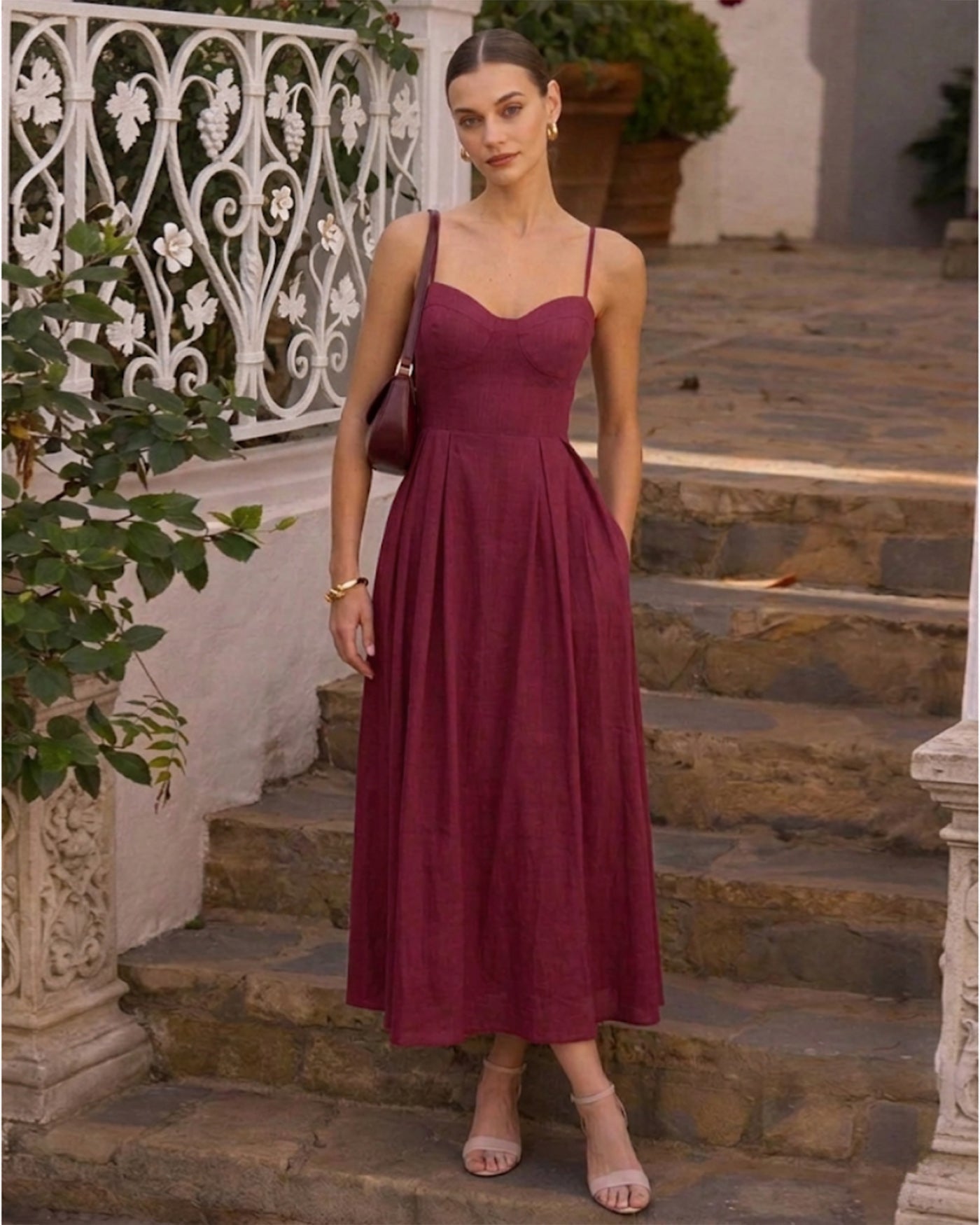 Kırmızı Kalp Yaka Kolsuz Slip Maxi Elbise