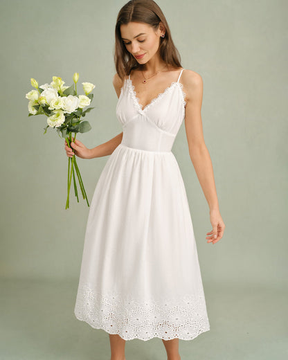 Beyaz Dantelli Çapraz Slip Midi Elbise