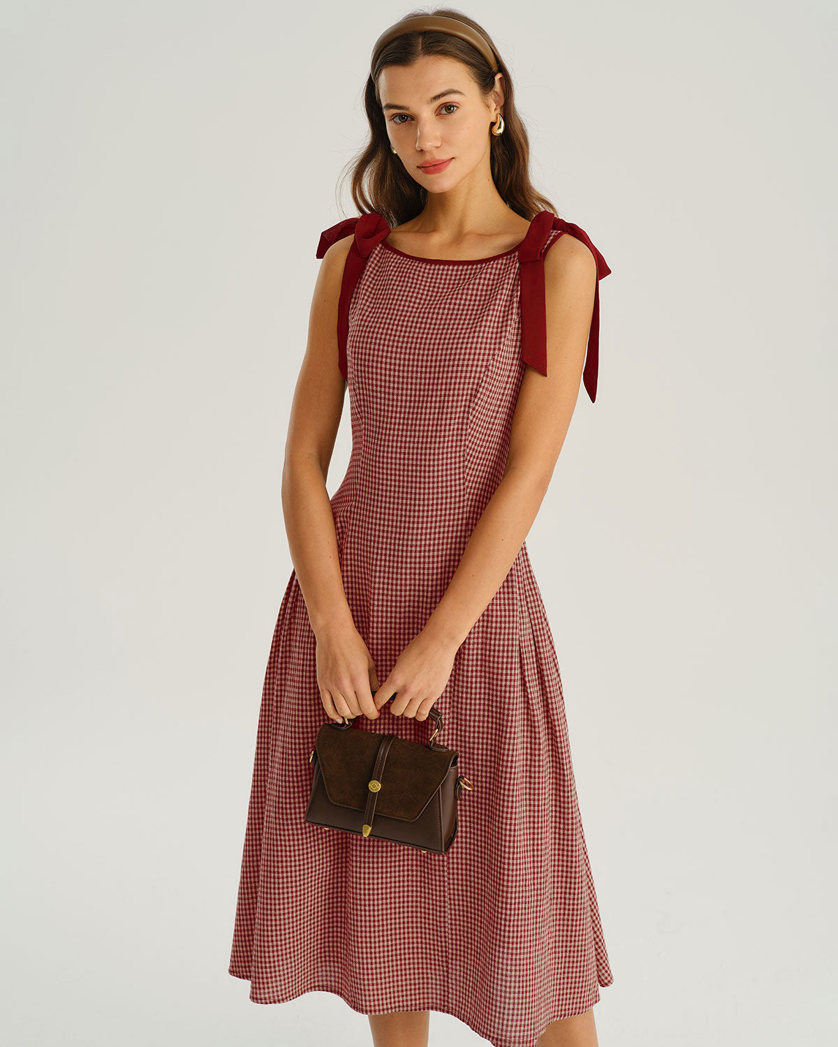 Kırmızı Gingham Bağlamalı Askılı A Kesim Midi Elbise