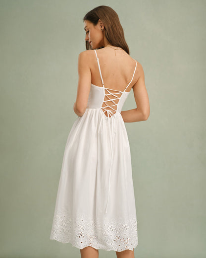 Beyaz Dantelli Çapraz Slip Midi Elbise