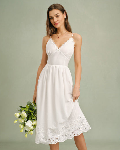 Beyaz Dantelli Çapraz Slip Midi Elbise