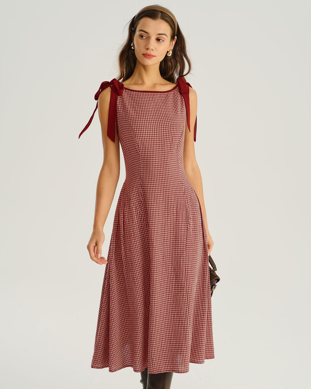 Kırmızı Gingham Bağlamalı Askılı A Kesim Midi Elbise