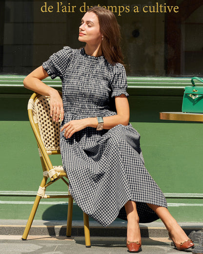 Mavi Gingham Balon Kol Midi Elbise