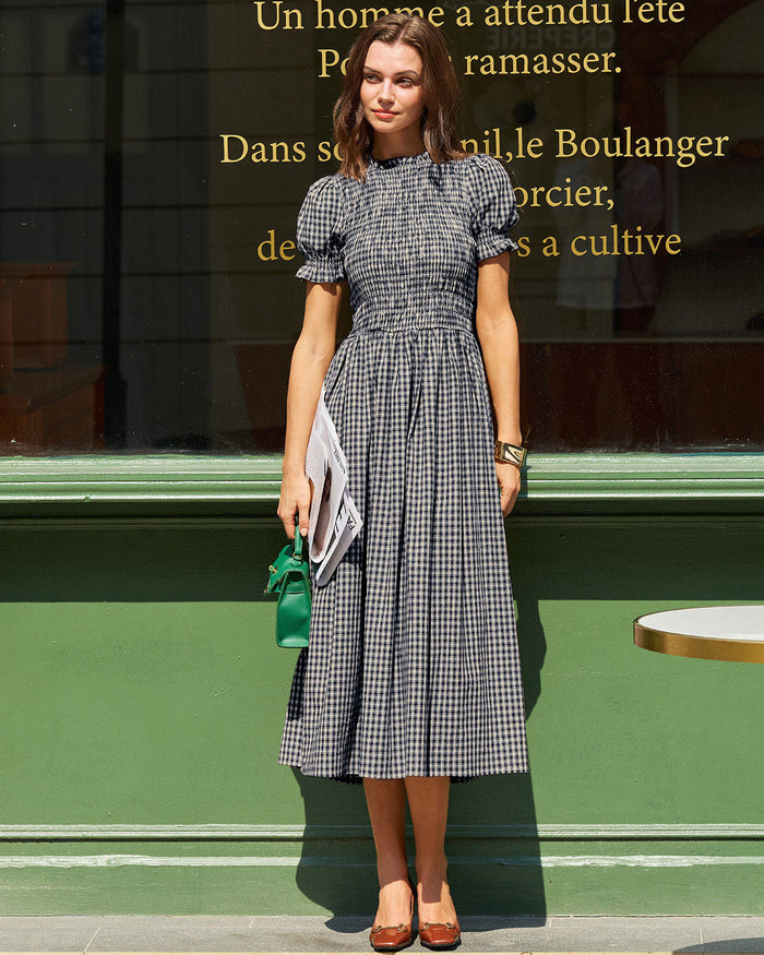 Mavi Gingham Balon Kol Midi Elbise