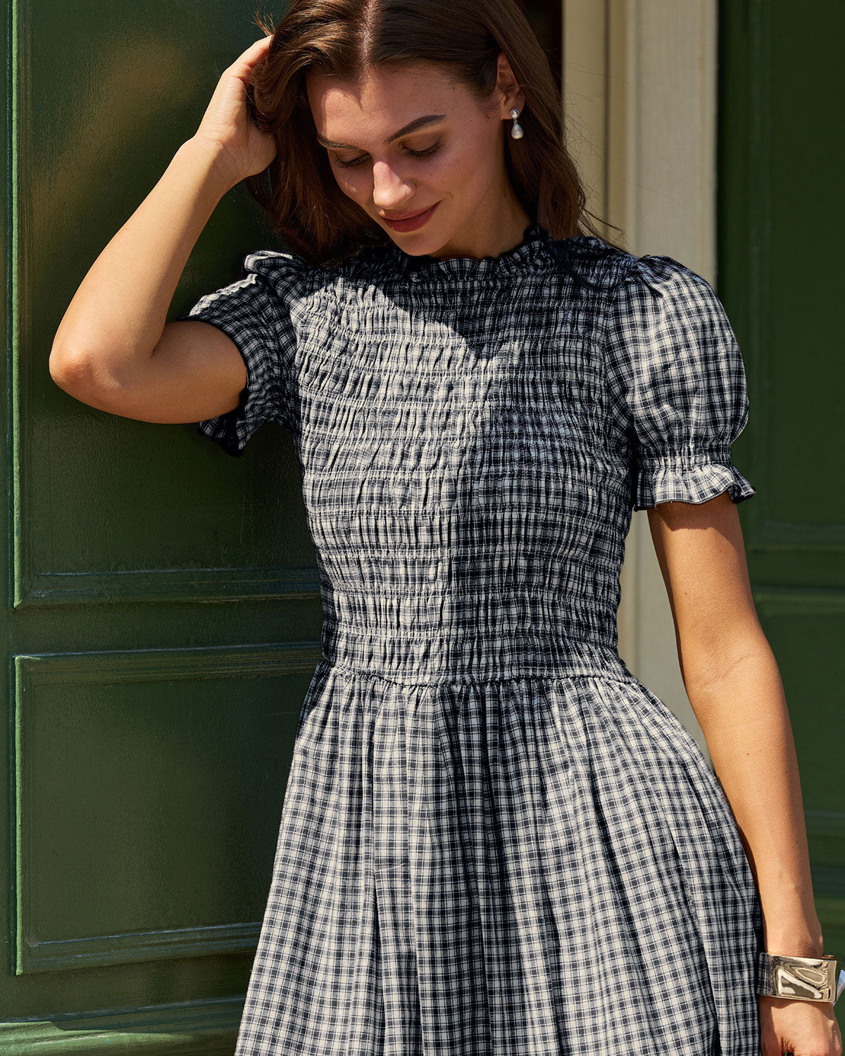 Mavi Gingham Balon Kol Midi Elbise