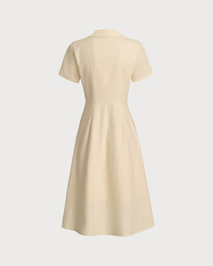 Sarı Düğmeli Kısa Sleeve Midi Elbise