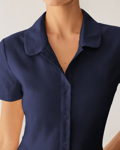 Lacivert Cep Detaylı Kısa Sleeve Midi Elbise