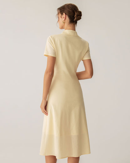 Sarı Düğmeli Kısa Sleeve Midi Elbise