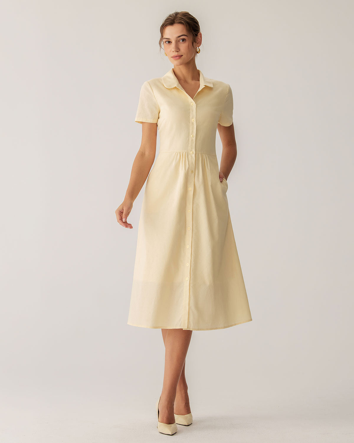 Sarı Düğmeli Kısa Sleeve Midi Elbise