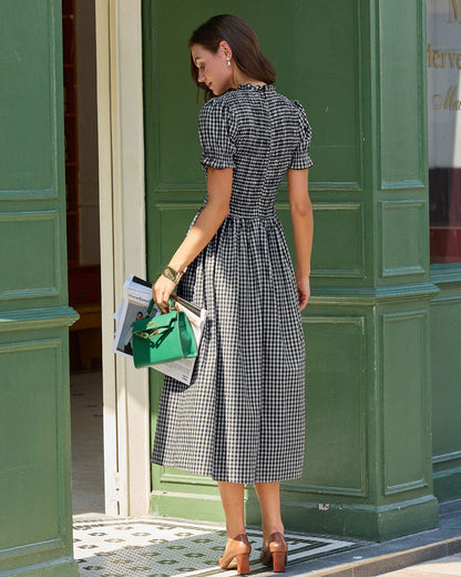 Mavi Gingham Balon Kol Midi Elbise