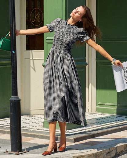 Mavi Gingham Balon Kol Midi Elbise