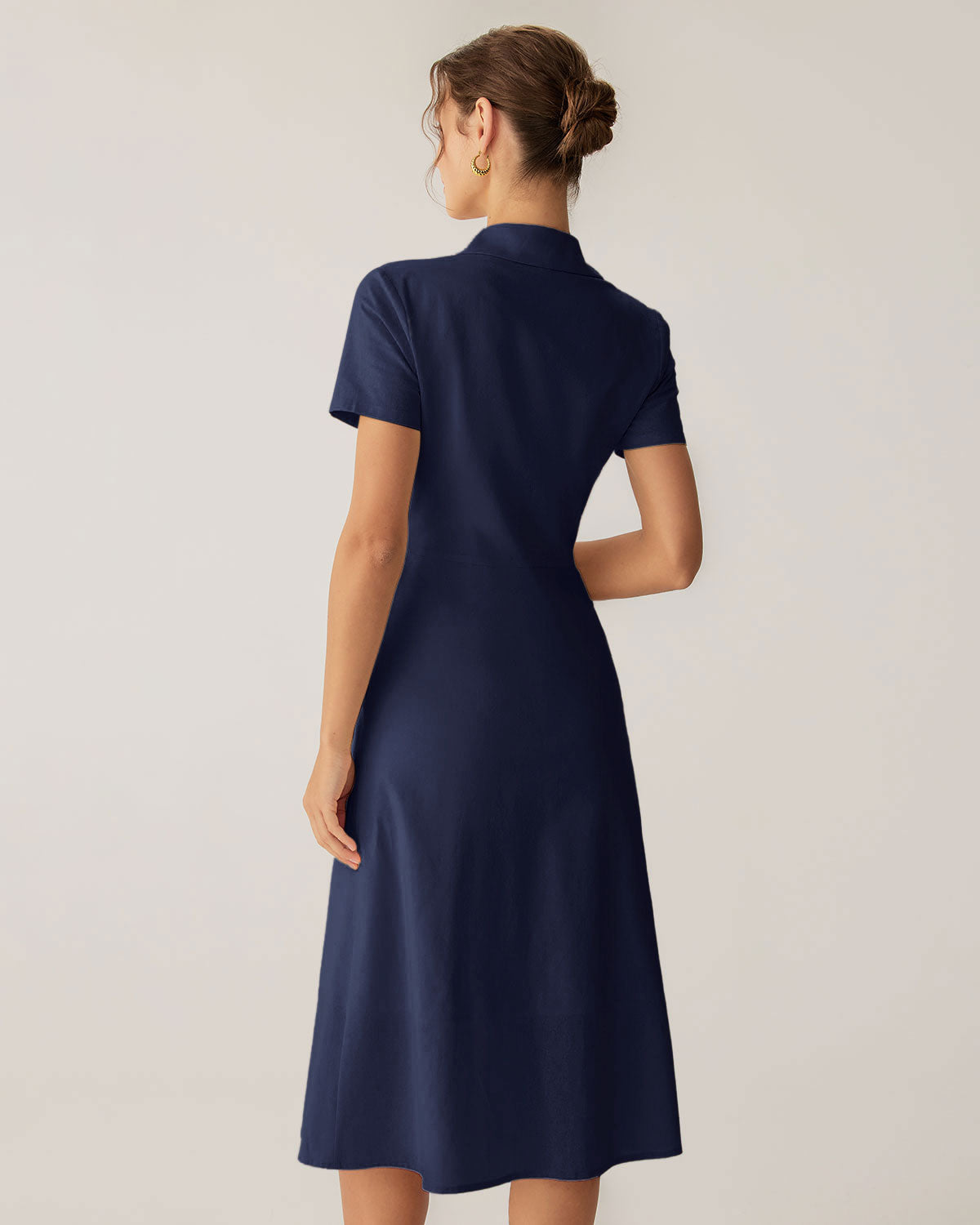 Lacivert Cep Detaylı Kısa Sleeve Midi Elbise