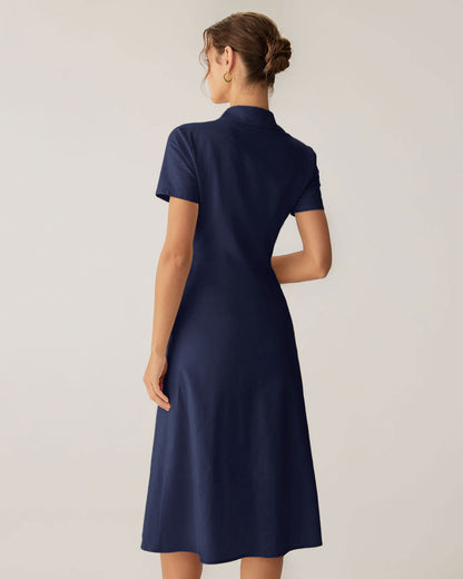 Lacivert Cep Detaylı Kısa Sleeve Midi Elbise