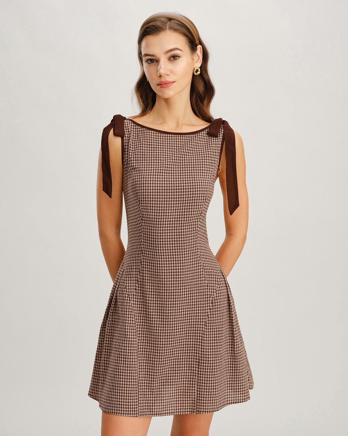 Kahverengi Gingham Bağlamalı Askılı Mini Elbise