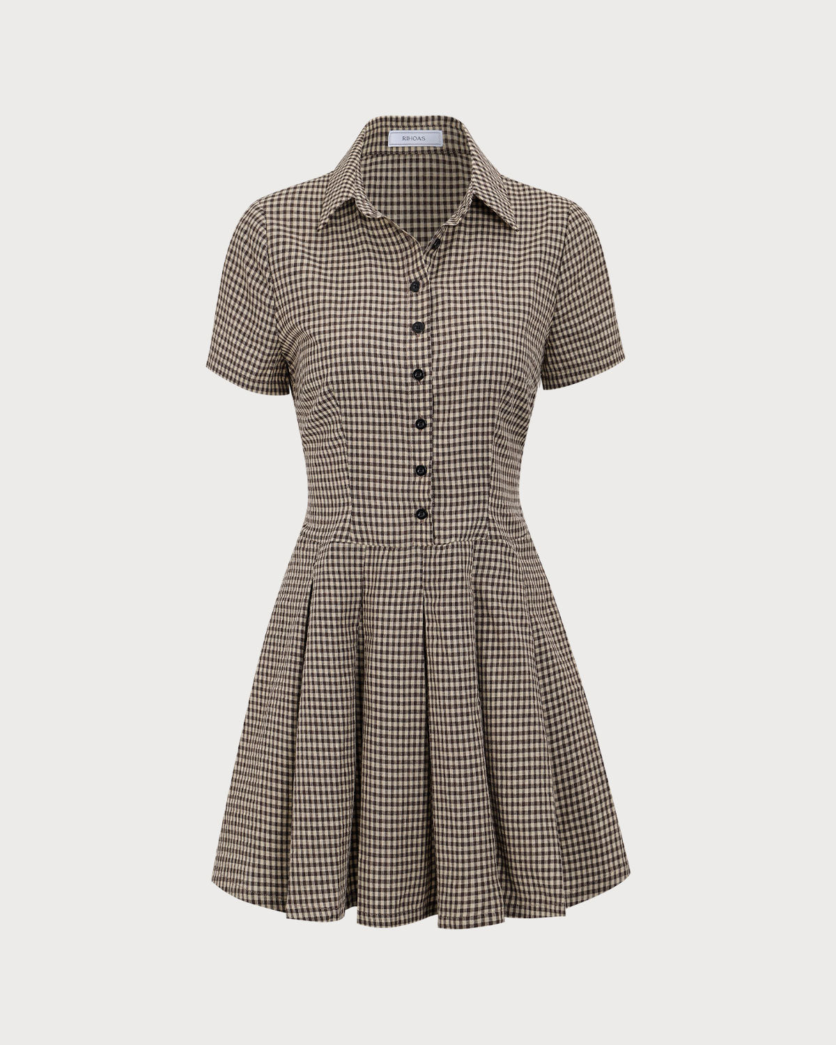 Kahverengi Ekoseli Lapel Pileli Mini Elbise