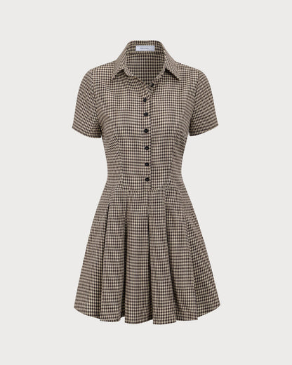 Kahverengi Ekoseli Lapel Pileli Mini Elbise