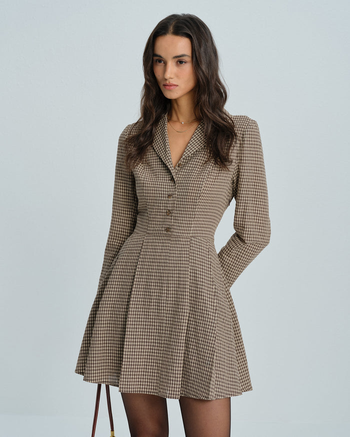 Kahverengi Gingham Yakalı Pamuk Mini Elbise
