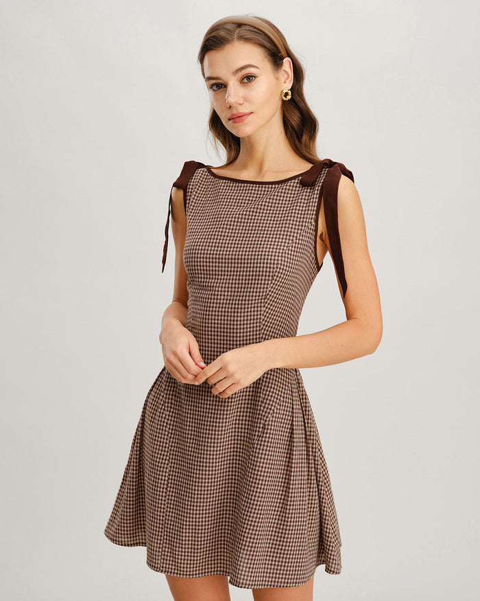 Kahverengi Gingham Bağlamalı Askılı Mini Elbise