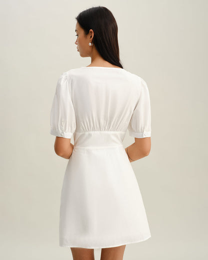 Beyaz V-Neck Büzgülü Mini Elbise