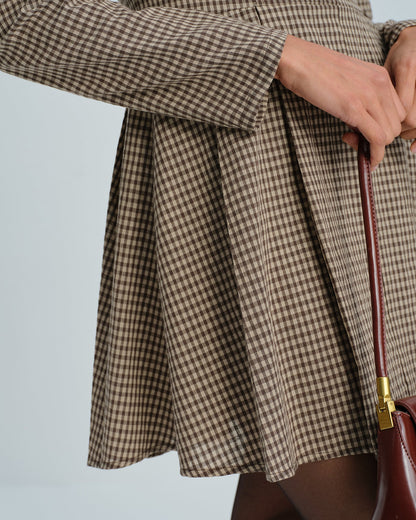 Kahverengi Gingham Yakalı Pamuk Mini Elbise