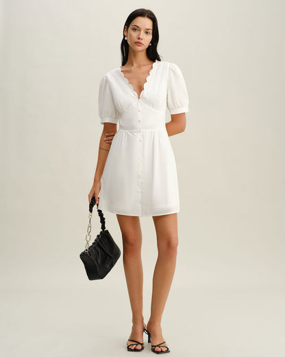 Beyaz V-Neck Büzgülü Mini Elbise