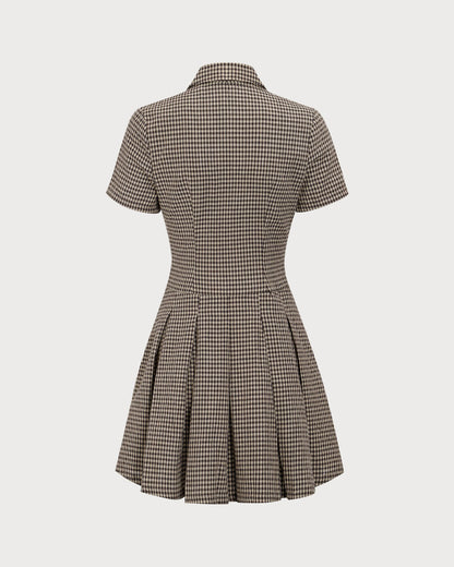 Kahverengi Ekoseli Lapel Pileli Mini Elbise