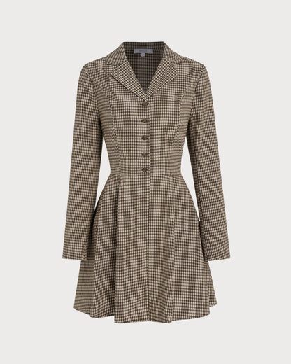 Kahverengi Gingham Yakalı Pamuk Mini Elbise